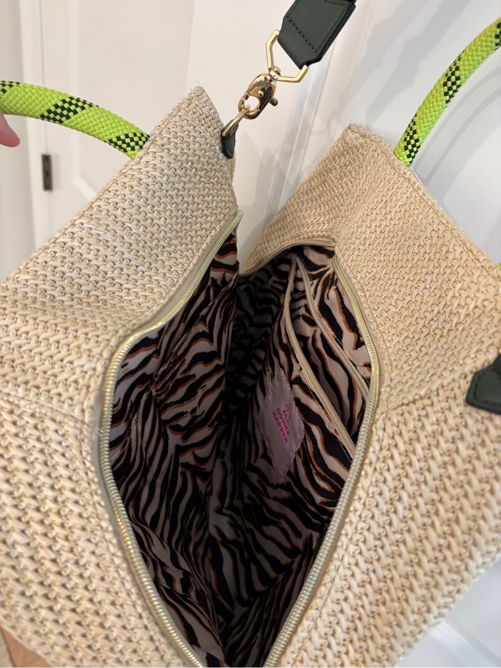Stella & Dot Woven Straw Tote with Pink & green Stripe - Picture 3 of 3